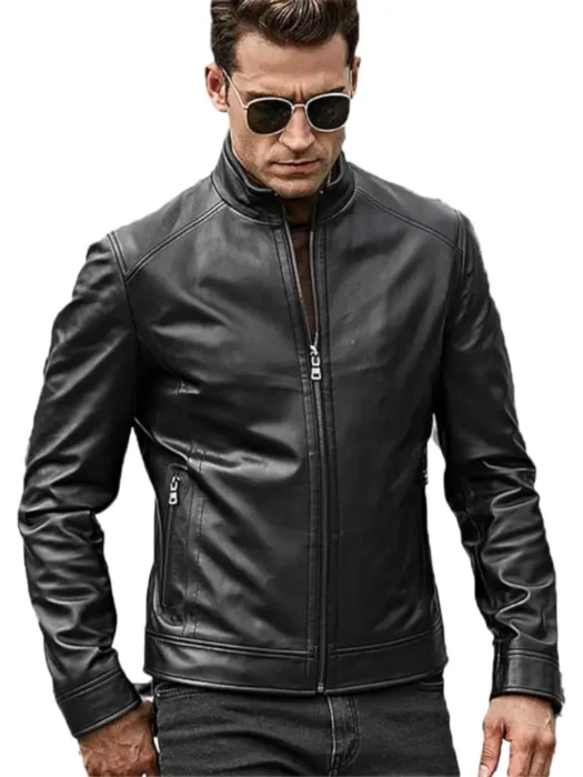 Black cafe racer leather jacket