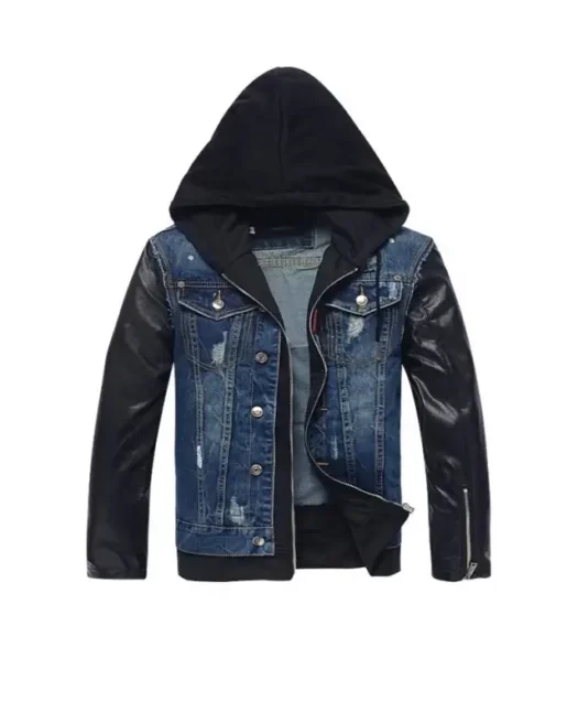 Men Hooded Leather Denim Jacket