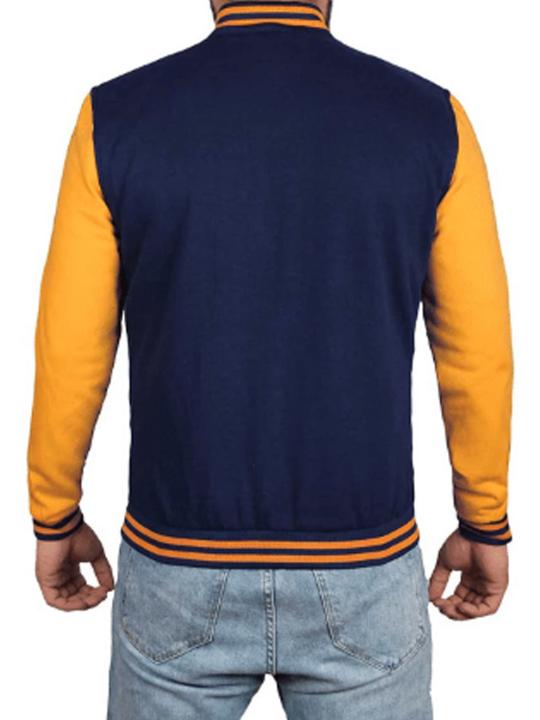 Men Navy Blue and Yellow Varsity Jacket