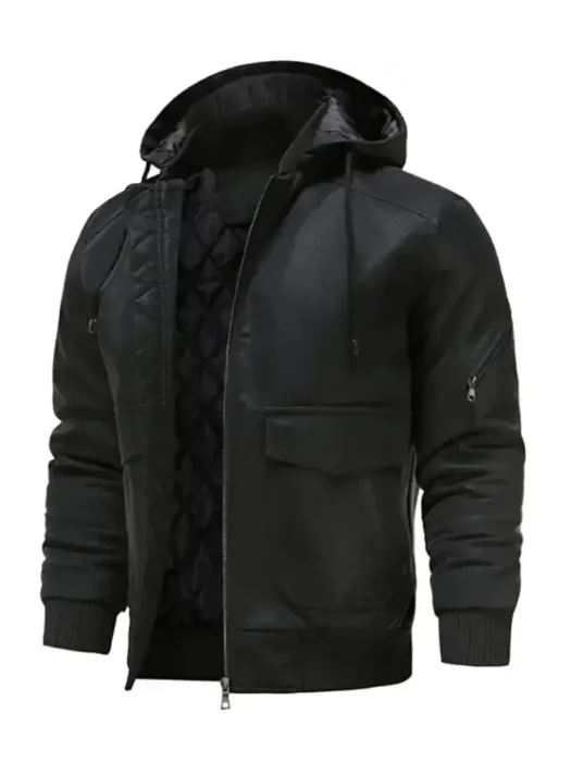 Mens Black Bomber Hooded Jacket