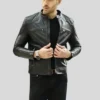 Men Black Front Racer Leather Jacket