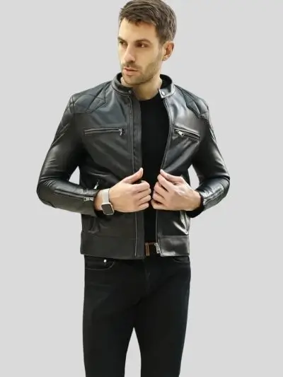 Men Black Front Racer Leather Jacket