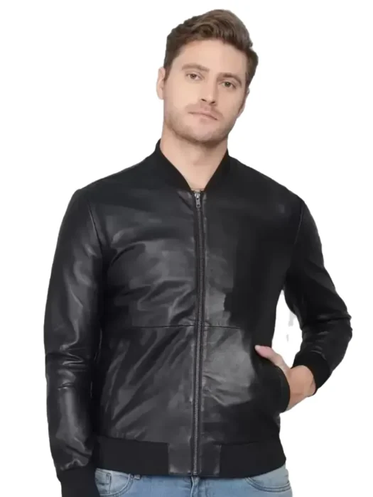 Mens Black Leather Bomber Jacket