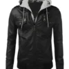 Mens Black Leather Hooded Jacket