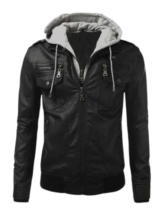 Mens Black Leather Hooded Jacket