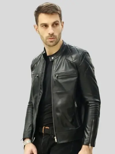 Men Black Side Racer Leather Jacket