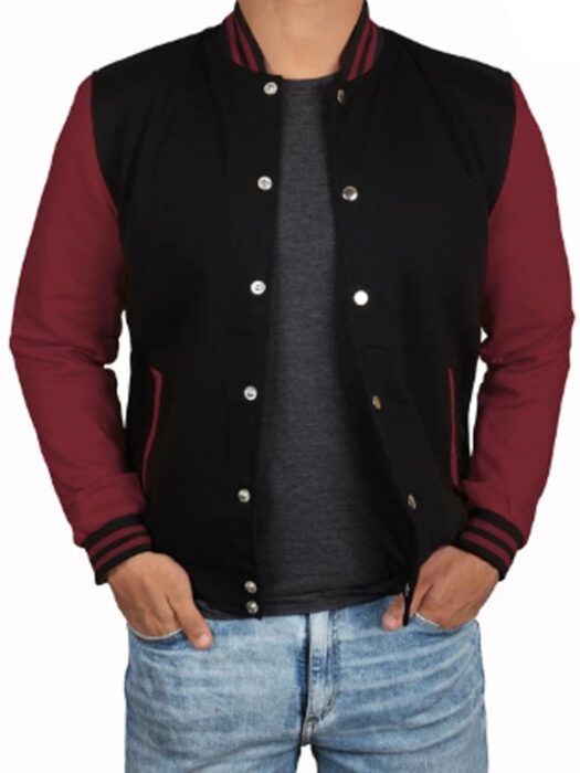 Mens Black and Maroon Bomber Varsity Jacket