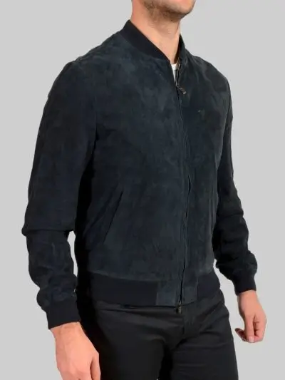 Mens Blue Side Bomber Leather Jacket