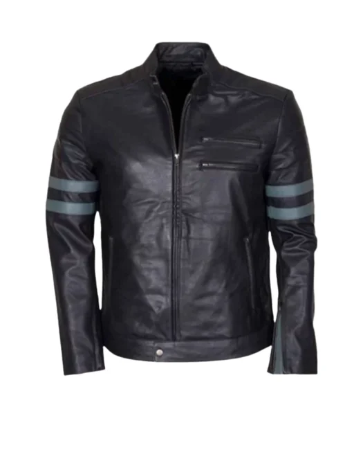 Mens Blue Stripe Retro Black Cafe Racer Jacket