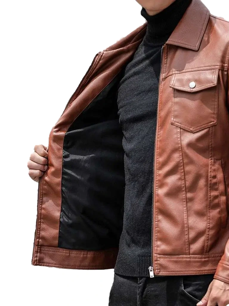 Men’s Collar Leather Jacket in Tan