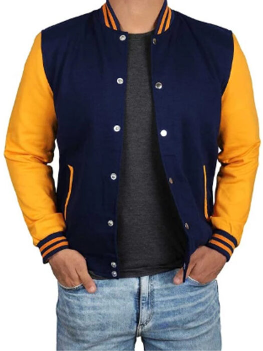 Mens Navy Blue and Yellow Varsity Jacket