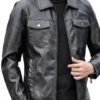 Men`s Shirt Style Black Leather Jacket