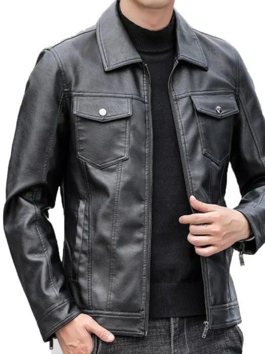 Men`s Shirt Style Black Leather Jacket