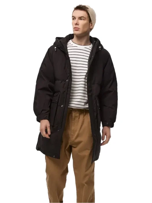 Men`s Thigh-Length Patched Pocket Puffer Jacket