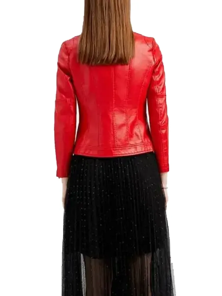 Untitled Women Red Quilted Cafe Racer Leather Jacket