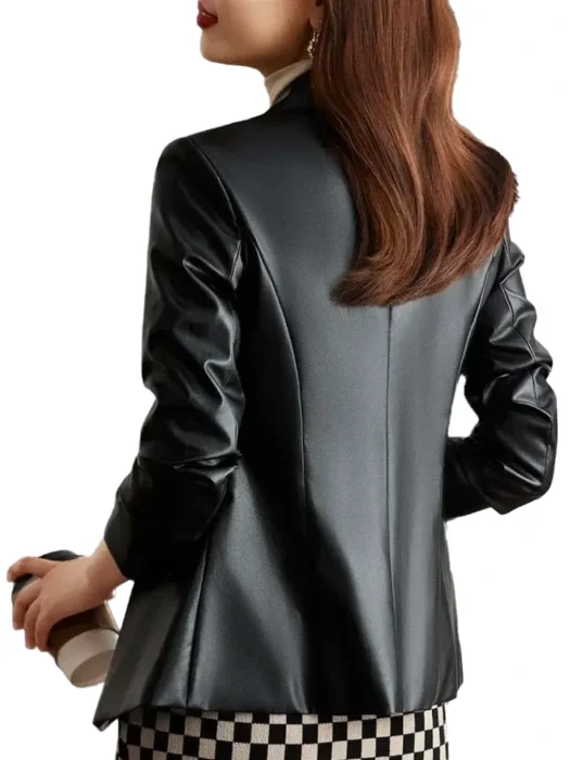 Women Black Single Button Leather Blazer