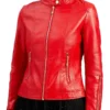 Women Red Quilted Cafe Racer Leather Jacket