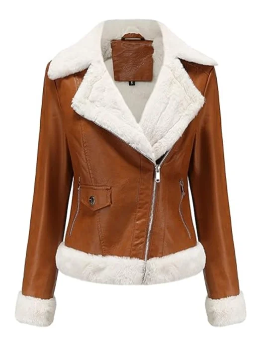 Women Tan Faux Fur Leather Jacket