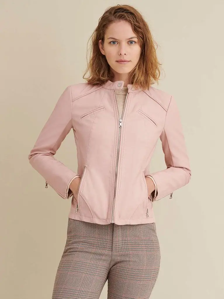 Womens-Baby-Pink-Leather-Jacket-Sheepskin-Biker