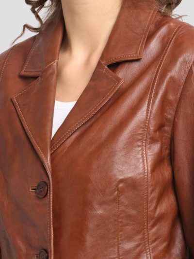 Women Brown Crop Leather Coat Close