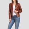 Women Brown Crop Leather Coat Front