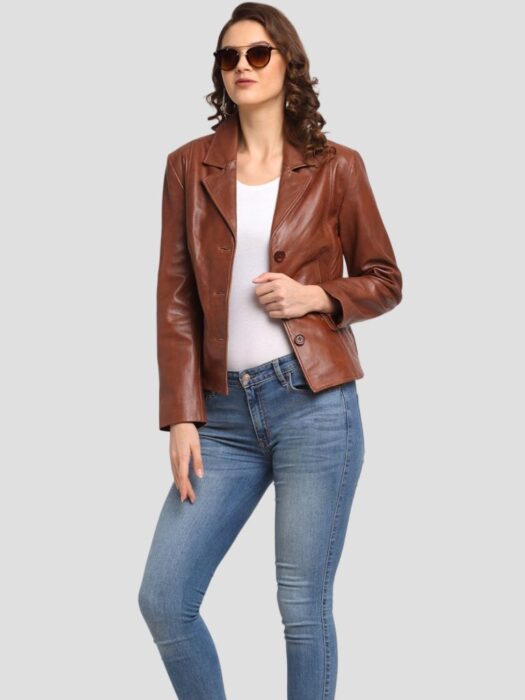 Women Brown Crop Leather Coat Front