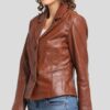 Women Brown Crop Leather Coat Side