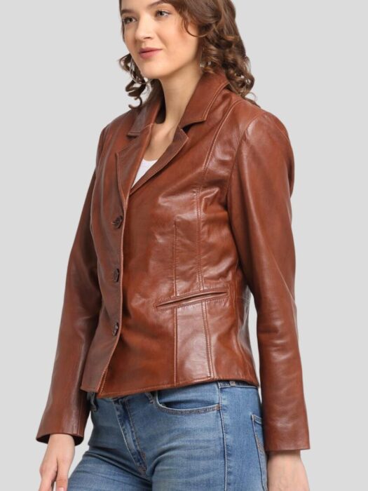 Women Brown Crop Leather Coat Side