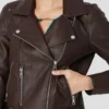 Womens Brown Leather Biker Jacket Closer