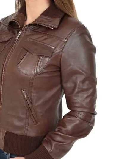 Women Closer Brown Bomber Leather Jacket