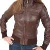 Women Front Brown Bomber Leather Jacket