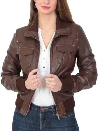 Women Open Brown Bomber Leather Jacket