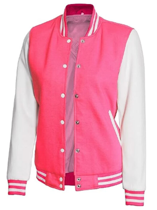 Womens Pink and White varsity Jacket - Bomber Baseball Style