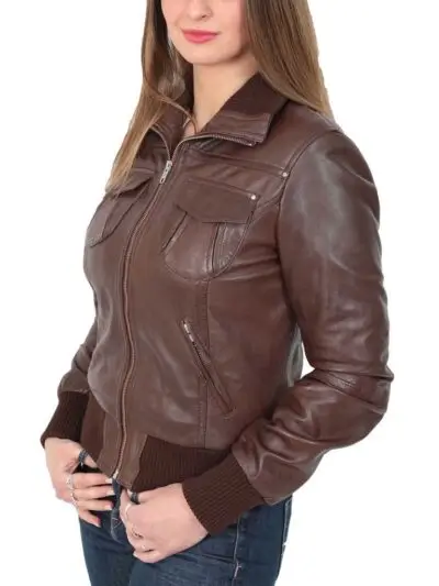 Women Side Brown Bomber Leather Jacket