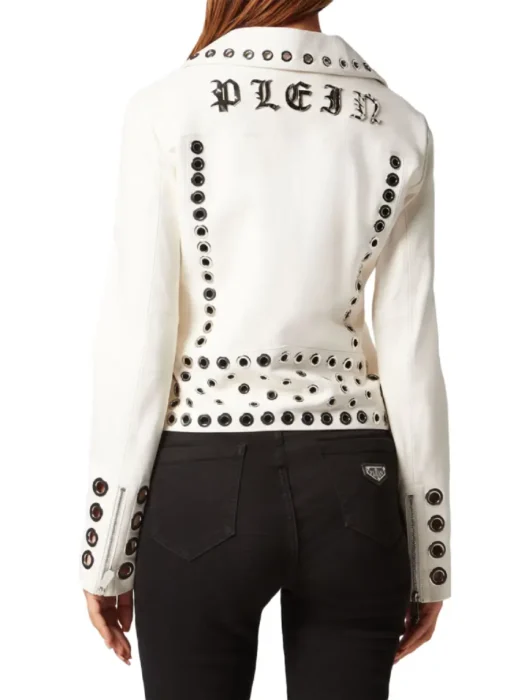 eyelet white leather biker jacket