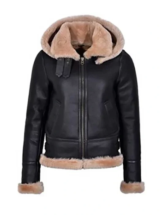 Aviator Black Leather Fur Hooded Jacket