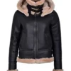 Black Aviator Leather Fur Hooded Jacket