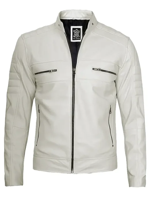 Mens Biker Leather Jacket Off White