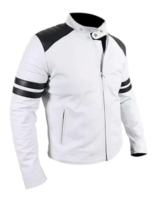 Mens Black Striped Cafe Racer White Leather Jacket