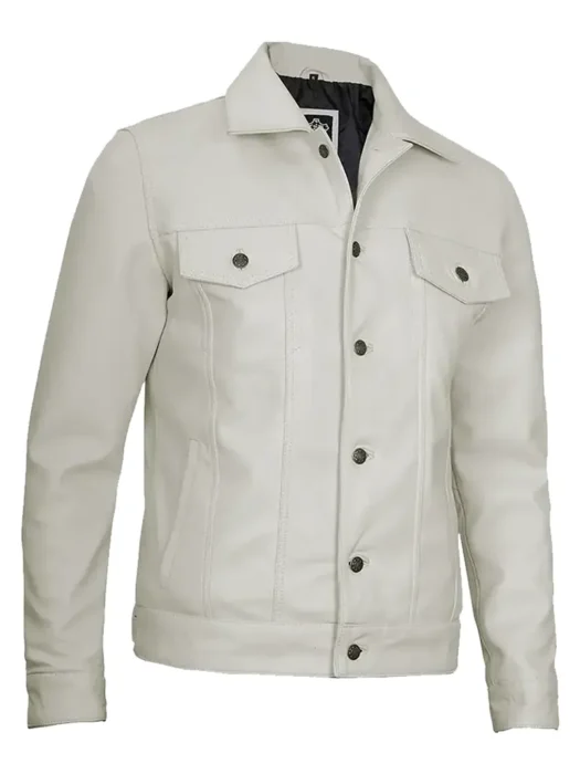 Mens Off White Leather Trucker Jacket