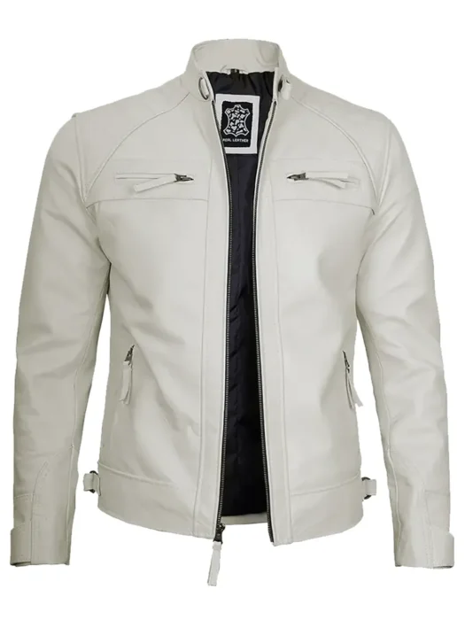 Mens White Leather Biker Jacket