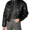 Women Black Faux Leather Puffer Jacket