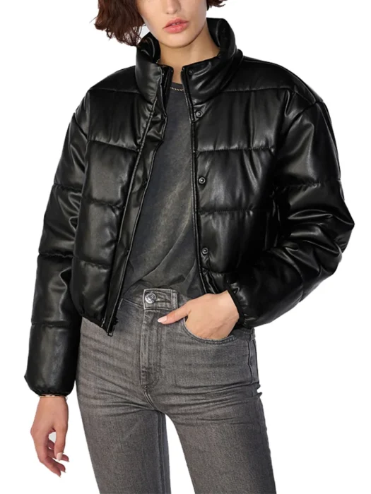 Women Black Faux Leather Puffer Jacket