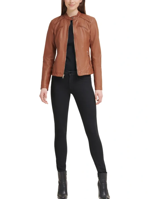 Women Brown Faux Leather Scuba Jacket