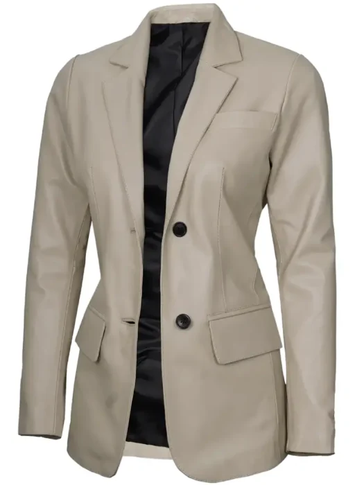 Women Notch Lapel Two Button Beige Leather Blazer