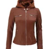 Womens Cafe Racer Detachable Leather Hooded Jacket