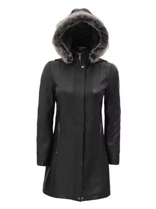 black leather coat with hood