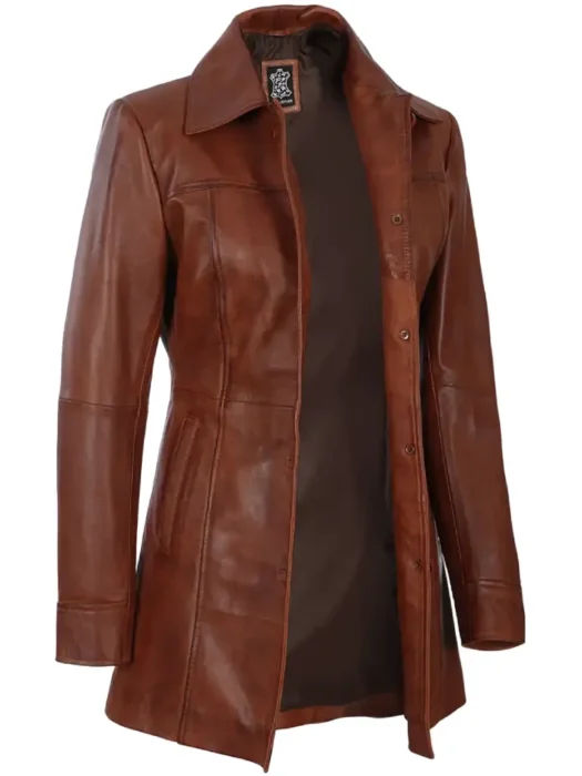 cognac leather quarter length coat