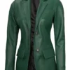 women 2 button green leather blazer