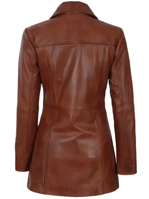 women cognac 3 4 length leather car coat